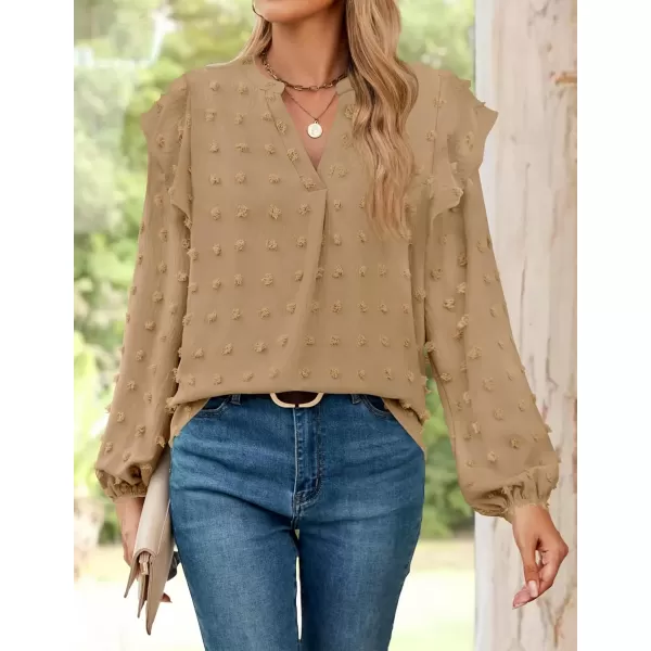 imageZESICA Womens Ruffle Long Sleeve Chiffon Blouses V Neck Swiss Dot Fall Shirts Dressy Casual Tunic TopsKhaki
