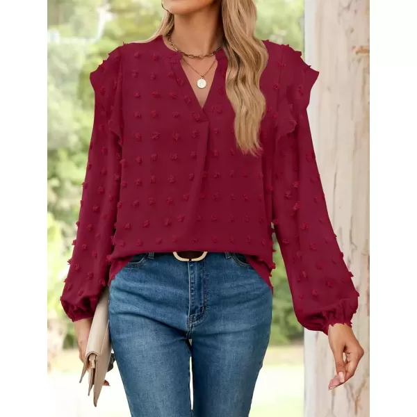 imageZESICA Womens Ruffle Long Sleeve Chiffon Blouses V Neck Swiss Dot Fall Shirts Dressy Casual Tunic TopsRedwine