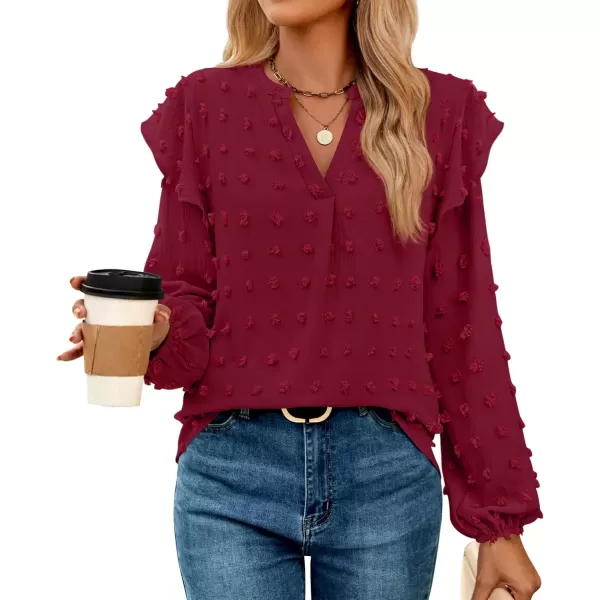 imageZESICA Womens Ruffle Long Sleeve Chiffon Blouses V Neck Swiss Dot Fall Shirts Dressy Casual Tunic TopsRedwine