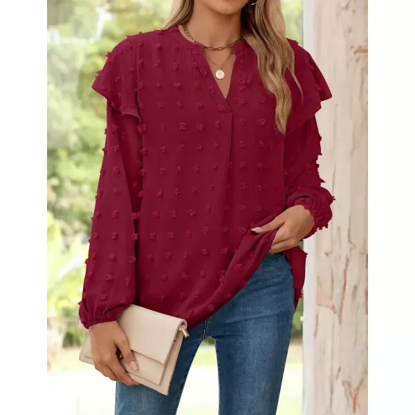 imageZESICA Womens Ruffle Long Sleeve Chiffon Blouses V Neck Swiss Dot Fall Shirts Dressy Casual Tunic TopsRedwine