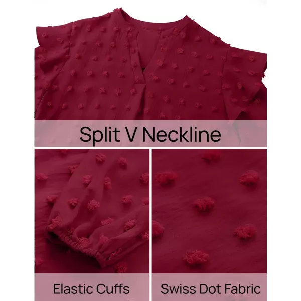 imageZESICA Womens Ruffle Long Sleeve Chiffon Blouses V Neck Swiss Dot Fall Shirts Dressy Casual Tunic TopsRedwine