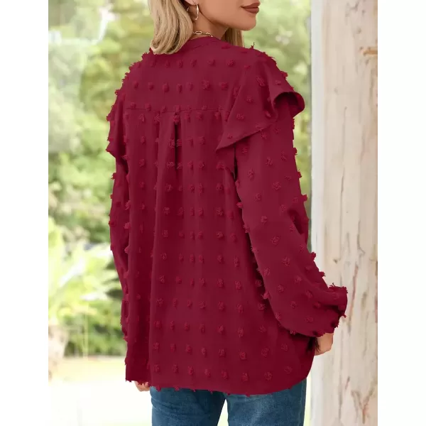 imageZESICA Womens Ruffle Long Sleeve Chiffon Blouses V Neck Swiss Dot Fall Shirts Dressy Casual Tunic TopsRedwine
