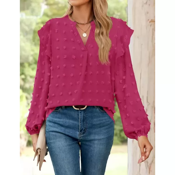 imageZESICA Womens Ruffle Long Sleeve Chiffon Blouses V Neck Swiss Dot Fall Shirts Dressy Casual Tunic TopsRose Red