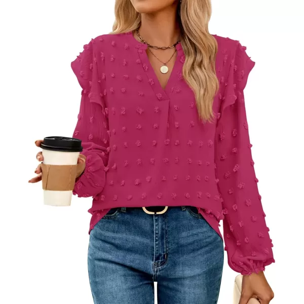 imageZESICA Womens Ruffle Long Sleeve Chiffon Blouses V Neck Swiss Dot Fall Shirts Dressy Casual Tunic TopsRose Red
