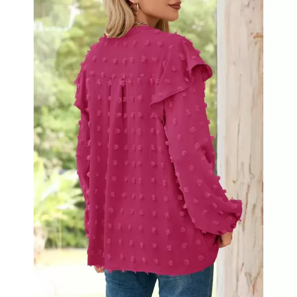 imageZESICA Womens Ruffle Long Sleeve Chiffon Blouses V Neck Swiss Dot Fall Shirts Dressy Casual Tunic TopsRose Red
