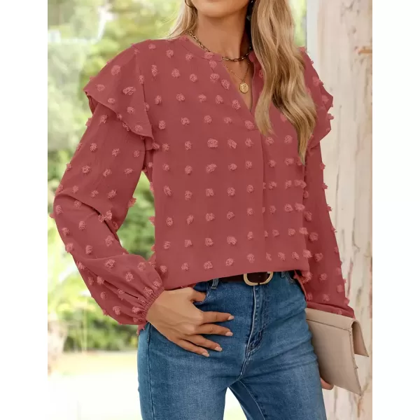 imageZESICA Womens Ruffle Long Sleeve Chiffon Blouses V Neck Swiss Dot Fall Shirts Dressy Casual Tunic TopsRust