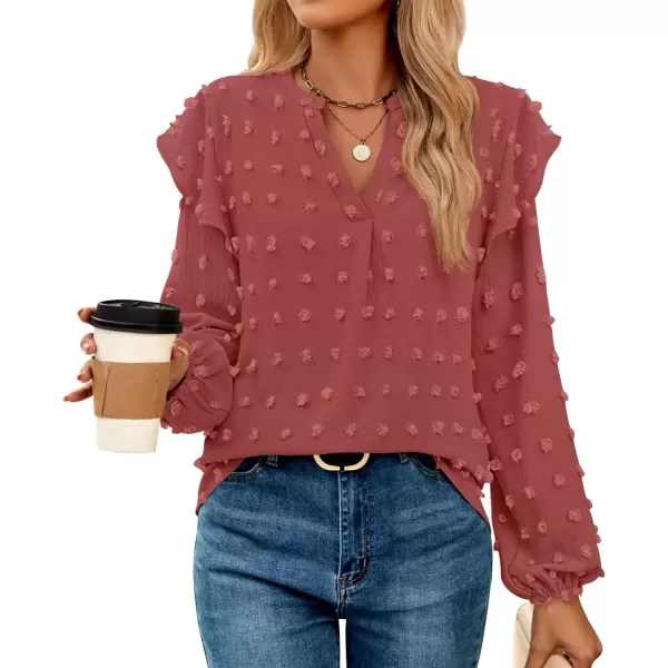 imageZESICA Womens Ruffle Long Sleeve Chiffon Blouses V Neck Swiss Dot Fall Shirts Dressy Casual Tunic TopsRust