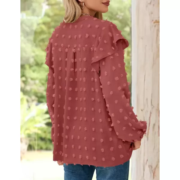 imageZESICA Womens Ruffle Long Sleeve Chiffon Blouses V Neck Swiss Dot Fall Shirts Dressy Casual Tunic TopsRust