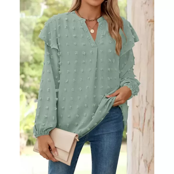 imageZESICA Womens Ruffle Long Sleeve Chiffon Blouses V Neck Swiss Dot Fall Shirts Dressy Casual Tunic TopsSage