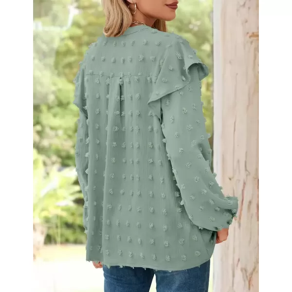 imageZESICA Womens Ruffle Long Sleeve Chiffon Blouses V Neck Swiss Dot Fall Shirts Dressy Casual Tunic TopsSage