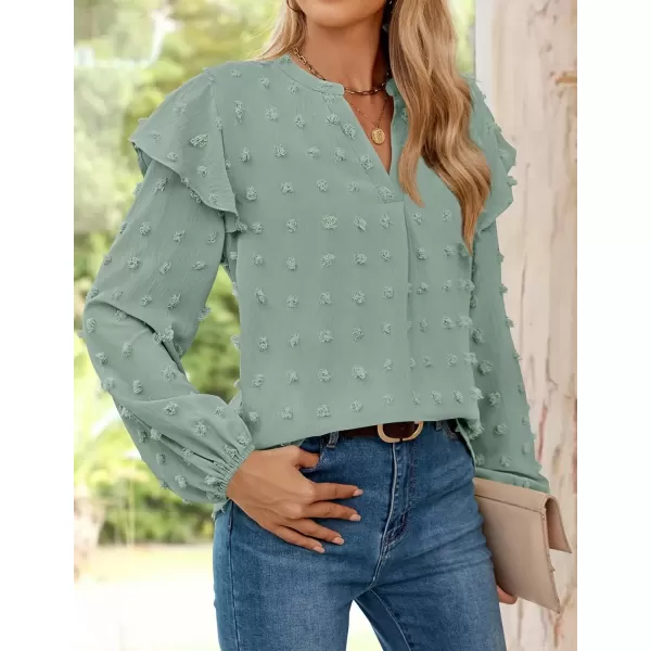 imageZESICA Womens Ruffle Long Sleeve Chiffon Blouses V Neck Swiss Dot Fall Shirts Dressy Casual Tunic TopsSage