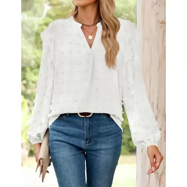 imageZESICA Womens Ruffle Long Sleeve Chiffon Blouses V Neck Swiss Dot Fall Shirts Dressy Casual Tunic TopsWhite