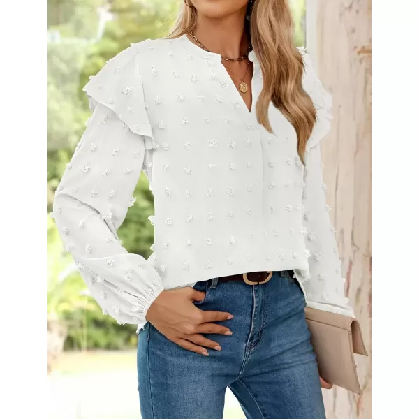 imageZESICA Womens Ruffle Long Sleeve Chiffon Blouses V Neck Swiss Dot Fall Shirts Dressy Casual Tunic TopsWhite