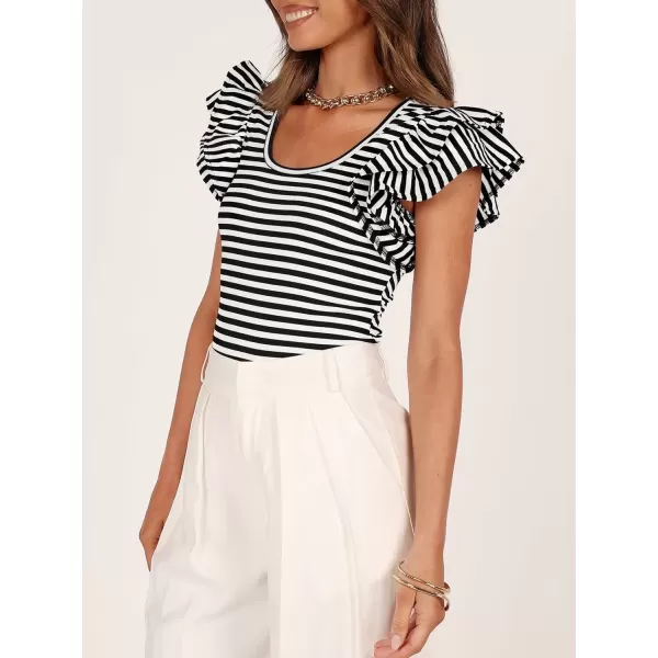 imageZESICA Womens Ruffle Short Sleeve Striped T Shirts 2024 Summer Scoop Neck Slim Fitted Causal Basic Tee TopsBlack
