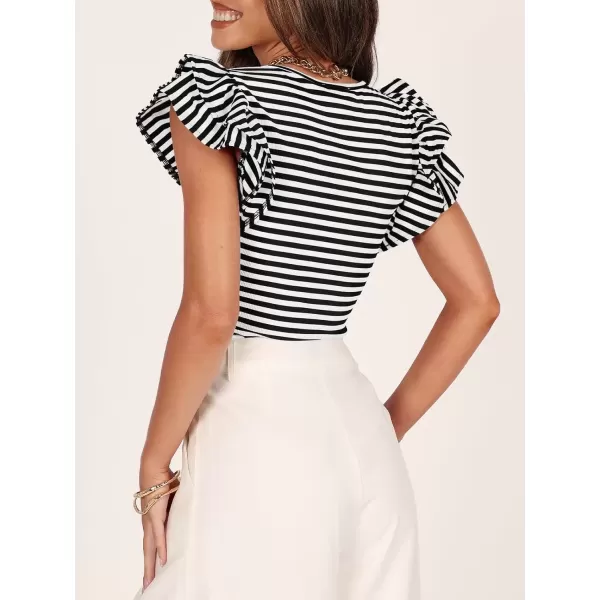 imageZESICA Womens Ruffle Short Sleeve Striped T Shirts 2024 Summer Scoop Neck Slim Fitted Causal Basic Tee TopsBlack