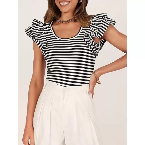 imageZESICA Womens Ruffle Short Sleeve Striped T Shirts 2024 Summer Scoop Neck Slim Fitted Causal Basic Tee TopsBlack