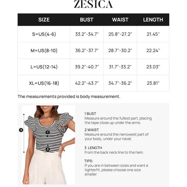 imageZESICA Womens Ruffle Short Sleeve Striped T Shirts 2024 Summer Scoop Neck Slim Fitted Causal Basic Tee TopsBlack