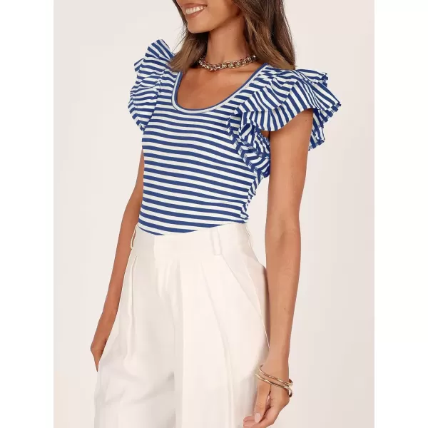 imageZESICA Womens Ruffle Short Sleeve Striped T Shirts 2024 Summer Scoop Neck Slim Fitted Causal Basic Tee TopsBlue