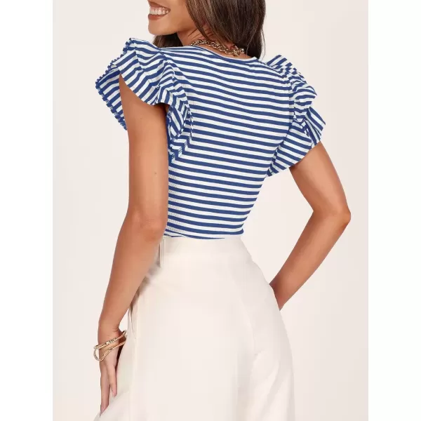 imageZESICA Womens Ruffle Short Sleeve Striped T Shirts 2024 Summer Scoop Neck Slim Fitted Causal Basic Tee TopsBlue