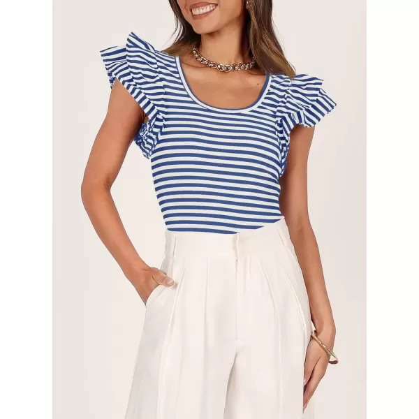 imageZESICA Womens Ruffle Short Sleeve Striped T Shirts 2024 Summer Scoop Neck Slim Fitted Causal Basic Tee TopsBlue