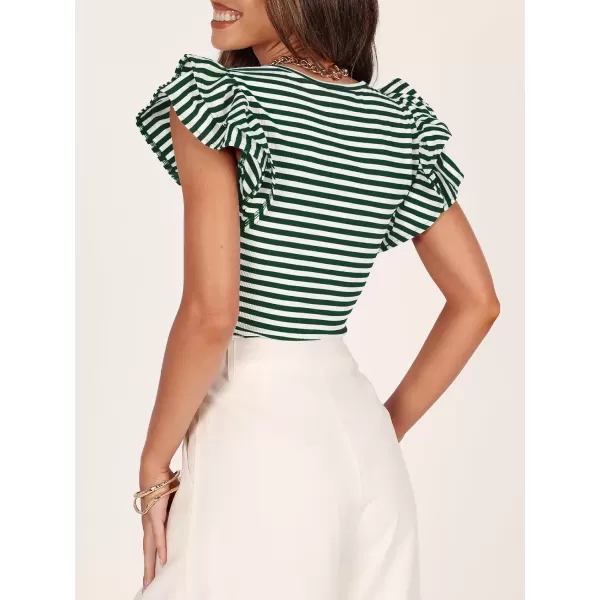 imageZESICA Womens Ruffle Short Sleeve Striped T Shirts 2024 Summer Scoop Neck Slim Fitted Causal Basic Tee TopsGreen