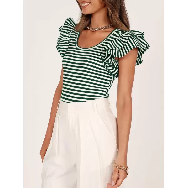imageZESICA Womens Ruffle Short Sleeve Striped T Shirts 2024 Summer Scoop Neck Slim Fitted Causal Basic Tee TopsGreen