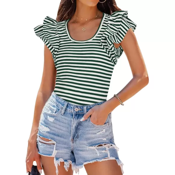 imageZESICA Womens Ruffle Short Sleeve Striped T Shirts 2024 Summer Scoop Neck Slim Fitted Causal Basic Tee TopsGreen