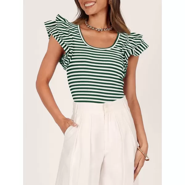 imageZESICA Womens Ruffle Short Sleeve Striped T Shirts 2024 Summer Scoop Neck Slim Fitted Causal Basic Tee TopsGreen