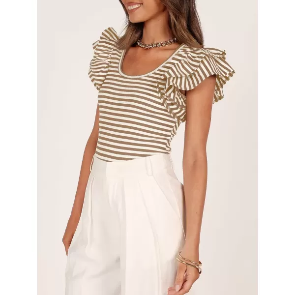imageZESICA Womens Ruffle Short Sleeve Striped T Shirts 2024 Summer Scoop Neck Slim Fitted Causal Basic Tee TopsKhaki
