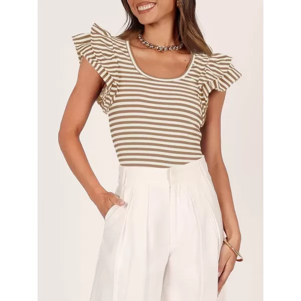 imageZESICA Womens Ruffle Short Sleeve Striped T Shirts 2024 Summer Scoop Neck Slim Fitted Causal Basic Tee TopsKhaki