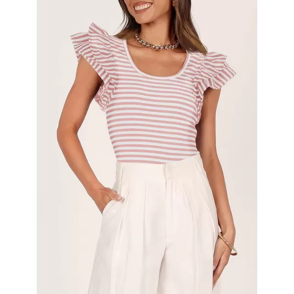 imageZESICA Womens Ruffle Short Sleeve Striped T Shirts 2024 Summer Scoop Neck Slim Fitted Causal Basic Tee TopsPink