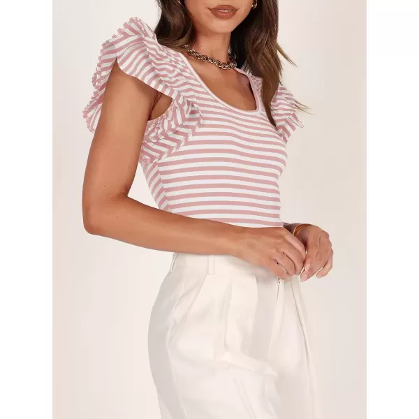 imageZESICA Womens Ruffle Short Sleeve Striped T Shirts 2024 Summer Scoop Neck Slim Fitted Causal Basic Tee TopsPink