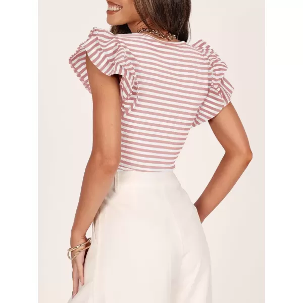 imageZESICA Womens Ruffle Short Sleeve Striped T Shirts 2024 Summer Scoop Neck Slim Fitted Causal Basic Tee TopsPink