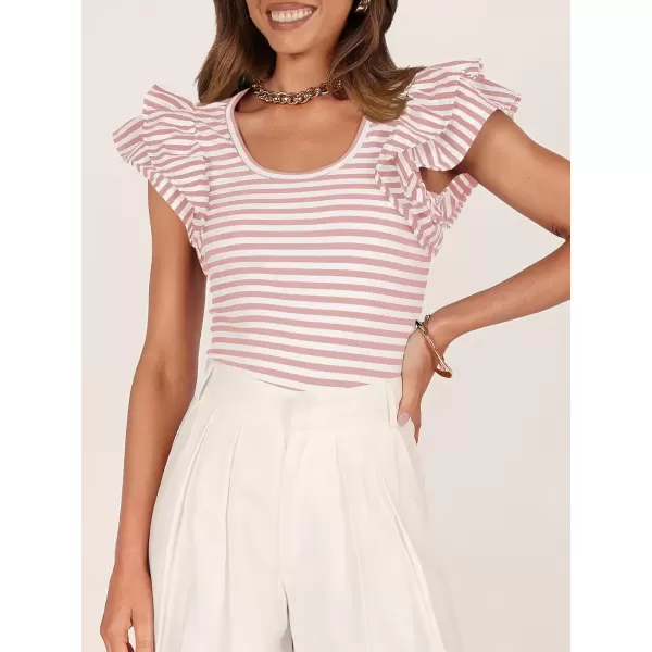 imageZESICA Womens Ruffle Short Sleeve Striped T Shirts 2024 Summer Scoop Neck Slim Fitted Causal Basic Tee TopsPink