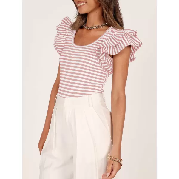 imageZESICA Womens Ruffle Short Sleeve Striped T Shirts 2024 Summer Scoop Neck Slim Fitted Causal Basic Tee TopsPink