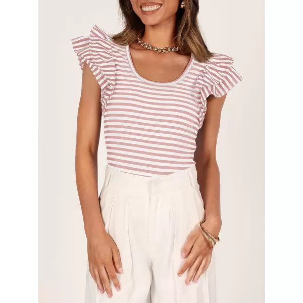 imageZESICA Womens Ruffle Short Sleeve Striped T Shirts 2024 Summer Scoop Neck Slim Fitted Causal Basic Tee TopsPink