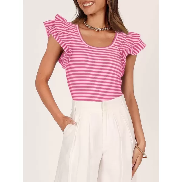 imageZESICA Womens Ruffle Short Sleeve Striped T Shirts 2024 Summer Scoop Neck Slim Fitted Causal Basic Tee TopsRose Pink