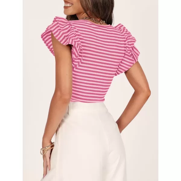 imageZESICA Womens Ruffle Short Sleeve Striped T Shirts 2024 Summer Scoop Neck Slim Fitted Causal Basic Tee TopsRose Pink