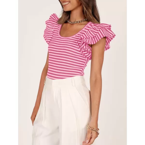 imageZESICA Womens Ruffle Short Sleeve Striped T Shirts 2024 Summer Scoop Neck Slim Fitted Causal Basic Tee TopsRose Pink