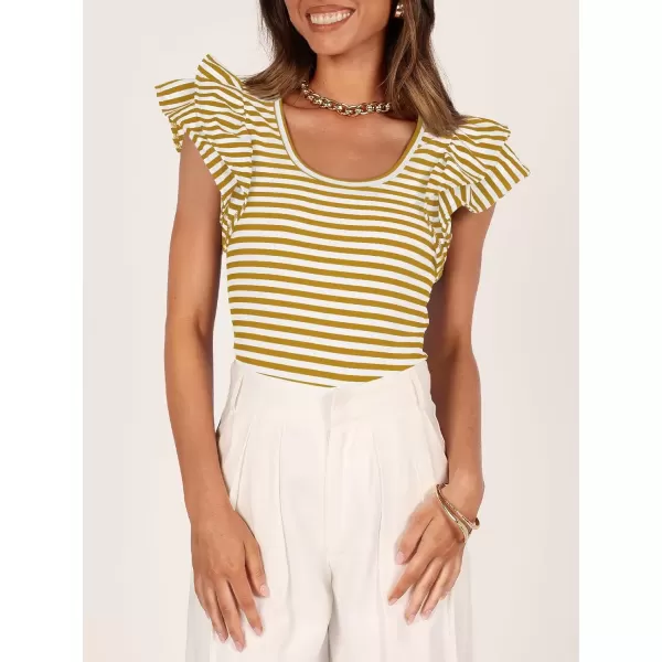 imageZESICA Womens Ruffle Short Sleeve Striped T Shirts 2024 Summer Scoop Neck Slim Fitted Causal Basic Tee TopsYellow