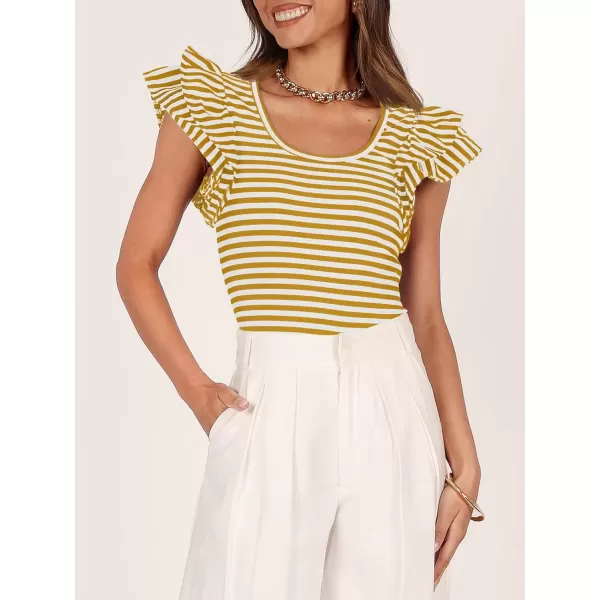 imageZESICA Womens Ruffle Short Sleeve Striped T Shirts 2024 Summer Scoop Neck Slim Fitted Causal Basic Tee TopsYellow