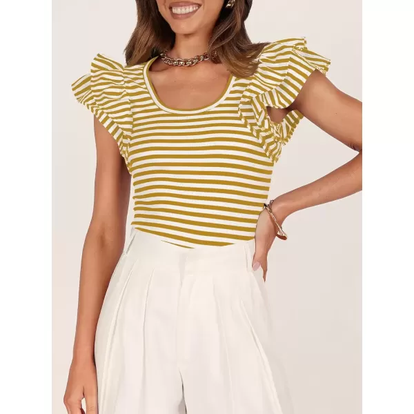 imageZESICA Womens Ruffle Short Sleeve Striped T Shirts 2024 Summer Scoop Neck Slim Fitted Causal Basic Tee TopsYellow