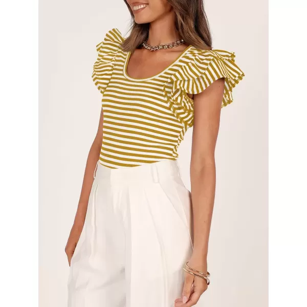 imageZESICA Womens Ruffle Short Sleeve Striped T Shirts 2024 Summer Scoop Neck Slim Fitted Causal Basic Tee TopsYellow