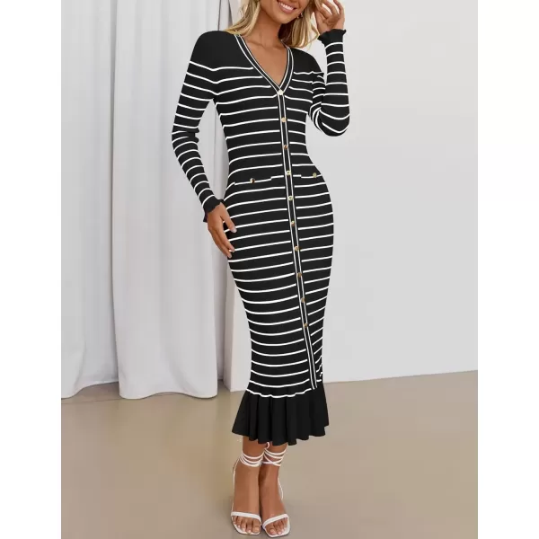 imageZESICA Womens Striped Sweater Dress 2024 Fall Long Sleeve V Neck Button Elegant Slim Fit Bodycon Knit DressesBlack