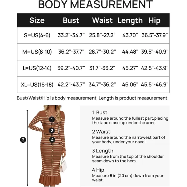 imageZESICA Womens Striped Sweater Dress 2024 Fall Long Sleeve V Neck Button Elegant Slim Fit Bodycon Knit DressesBrown