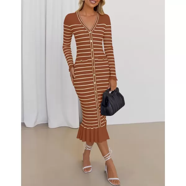 imageZESICA Womens Striped Sweater Dress 2024 Fall Long Sleeve V Neck Button Elegant Slim Fit Bodycon Knit DressesBrown