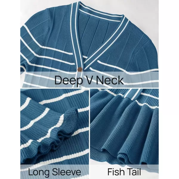 imageZESICA Womens Striped Sweater Dress 2024 Fall Long Sleeve V Neck Button Elegant Slim Fit Bodycon Knit DressesDusty Blue