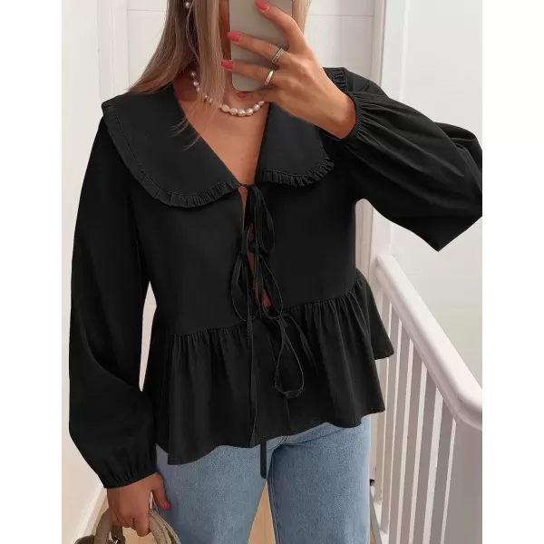 imageZESICA Womens Tie Front Peplum Tops Long Puff Sleeve Lapel Collar Cute Babydoll Blouses ShirtsBlack