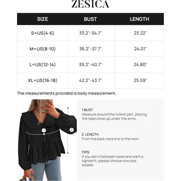 imageZESICA Womens Tie Front Peplum Tops Long Puff Sleeve Lapel Collar Cute Babydoll Blouses ShirtsBlack