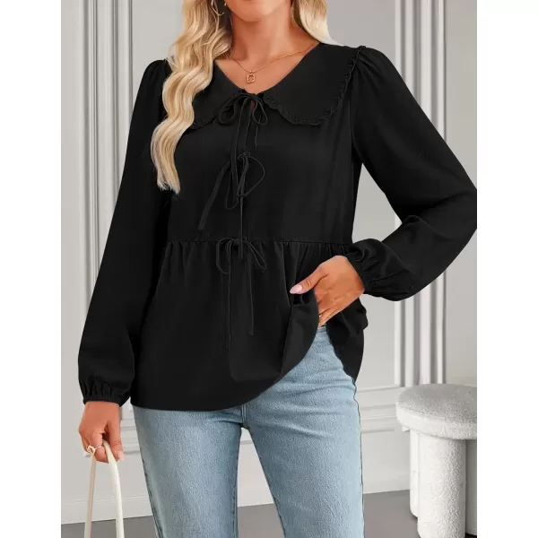 imageZESICA Womens Tie Front Peplum Tops Long Puff Sleeve Lapel Collar Cute Babydoll Blouses ShirtsBlack